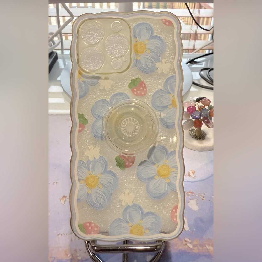 Floral & Strawberry Design Case with Popsocket for iPhone 14 Pro Max